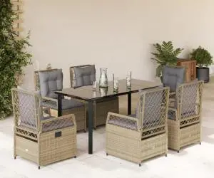 vidaXL Set de masă pentru grădină, 7 piese, cu perne, bej, poliratan