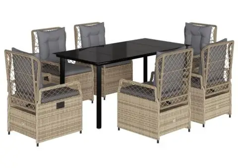 Set de masă pentru grădină, 7 piese, cu perne, bej, poliratan - 2/5