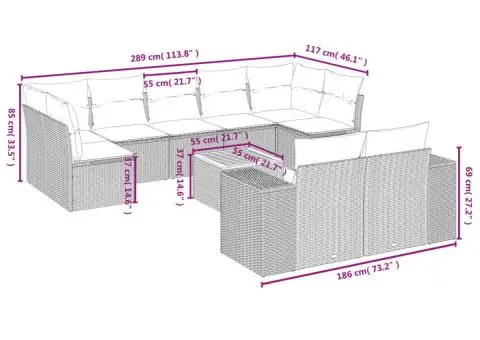 Set canapele de grădină cu perne, 10 piese, bej, poliratan - 3/3