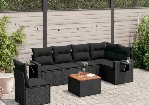 Set canapele de grădină cu perne, 7 piese, negru, poliratan - 1/3