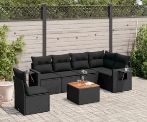 vidaXL Set canapele de grădină cu perne, 7 piese, negru, poliratan