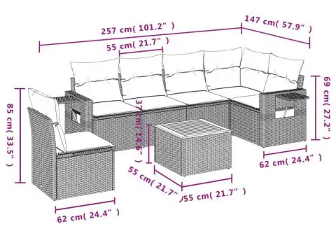 Set canapele de grădină cu perne, 7 piese, negru, poliratan - 3/3
