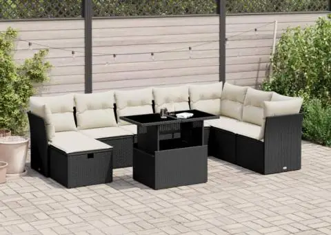 Set mobilier de grădină cu perne, 9 piese, negru, poliratan - 1/5