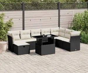vidaXL Set mobilier de grădină cu perne, 9 piese, negru, poliratan