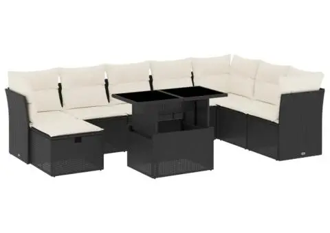 Set mobilier de grădină cu perne, 9 piese, negru, poliratan - 2/5