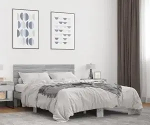 vidaXL Cadru de pat, gri sonoma, 135x190 cm, lemn prelucrat și metal