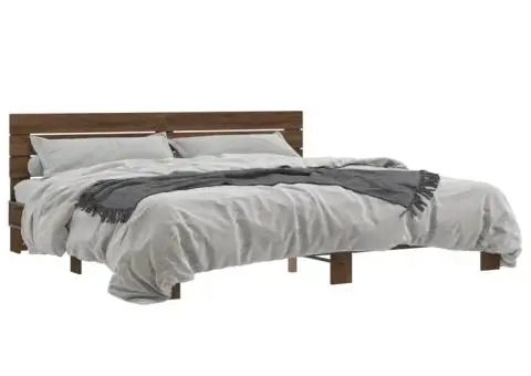 Cadru de pat, stejar maro, 200x200 cm, lemn prelucrat și metal - 2/5