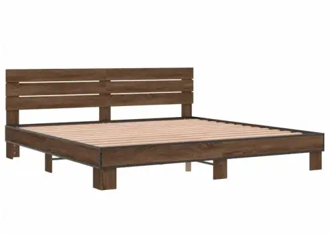Cadru de pat, stejar maro, 200x200 cm, lemn prelucrat și metal - 3/5