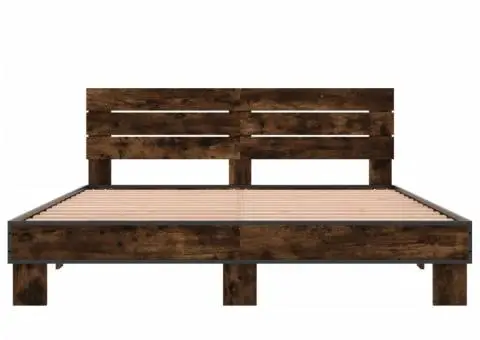 Cadru de pat, stejar fumuriu 150x200 cm lemn prelucrat și metal - 4/5