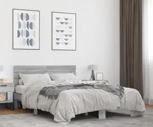 vidaXL Cadru de pat, gri sonoma, 140x200 cm, lemn prelucrat și metal