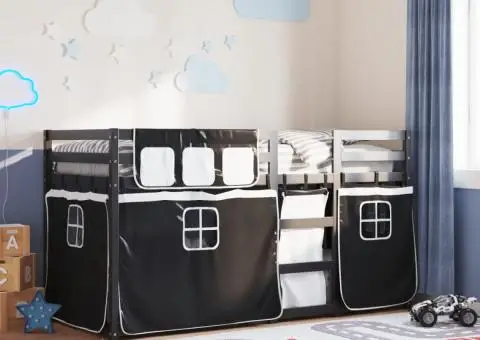 Pat supraetajat de copii perdele, alb/negru, 90x200 cm lemn pin - 1/5