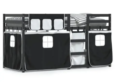 Pat supraetajat de copii perdele, alb/negru, 90x200 cm lemn pin - 2/5