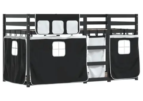 Pat supraetajat de copii perdele, alb/negru, 90x200 cm lemn pin - 3/5