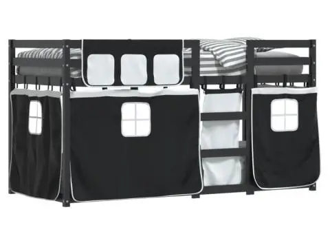 Pat supraetajat de copii perdele, alb/negru, 90x200 cm lemn pin - 4/5