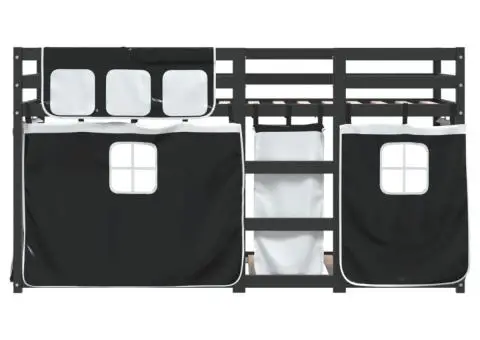 Pat supraetajat de copii perdele, alb/negru, 90x200 cm lemn pin - 5/5