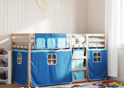 Pat supraetajat cu perdele, albastru, 90x190 cm, lemn masiv pin - 1/5