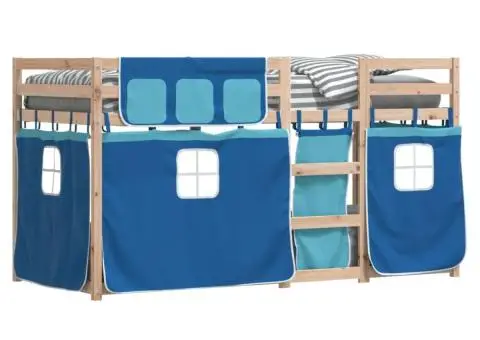 Pat supraetajat cu perdele, albastru, 90x190 cm, lemn masiv pin - 3/5