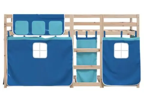 Pat supraetajat cu perdele, albastru, 90x190 cm, lemn masiv pin - 4/5