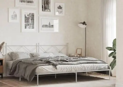 Cadru de pat metalic cu tăblie, alb, 200x200 cm - 1/5