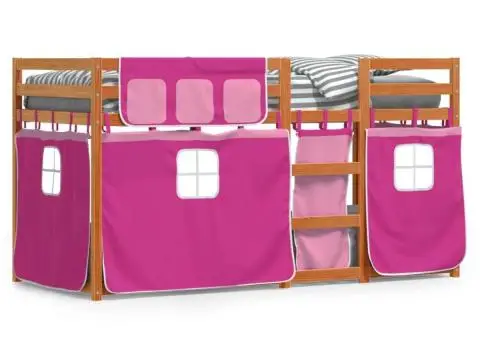 Pat supraetajat cu perdele, roz, 80x200 cm, lemn masiv pin - 2/5