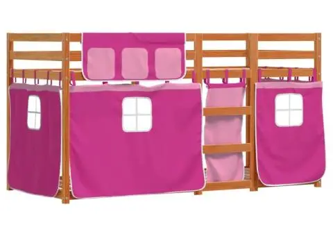 Pat supraetajat cu perdele, roz, 80x200 cm, lemn masiv pin - 3/5