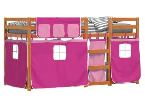 Pat supraetajat cu perdele, roz, 80x200 cm, lemn masiv pin - 4/5