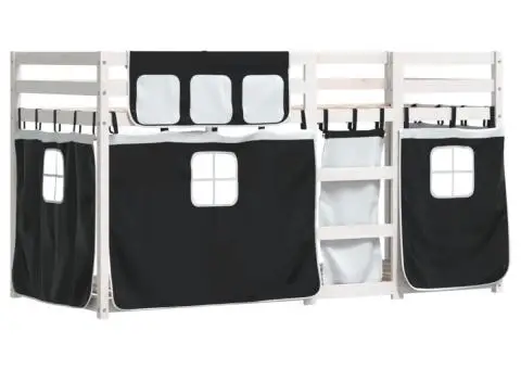 Pat supraetajat de copii perdele, alb/negru, 90x190 cm lemn pin - 3/5