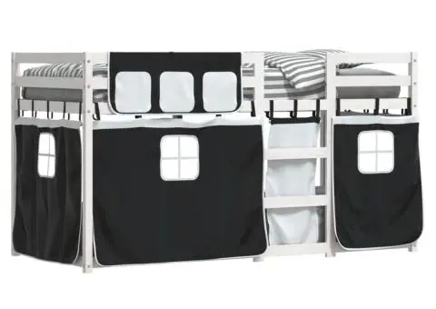 Pat supraetajat de copii perdele, alb/negru, 90x190 cm lemn pin - 4/5