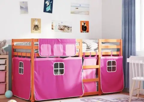 Pat supraetajat cu perdele, roz, 90x190 cm, lemn masiv pin - 1/5