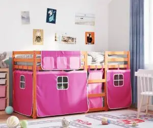 vidaXL Pat supraetajat cu perdele, roz, 90x190 cm, lemn masiv pin
