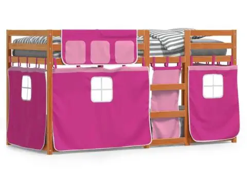 Pat supraetajat cu perdele, roz, 90x190 cm, lemn masiv pin - 2/5