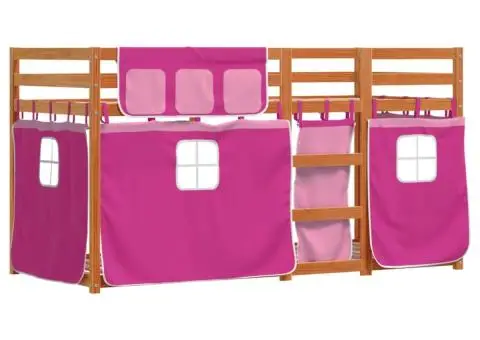 Pat supraetajat cu perdele, roz, 90x190 cm, lemn masiv pin - 3/5