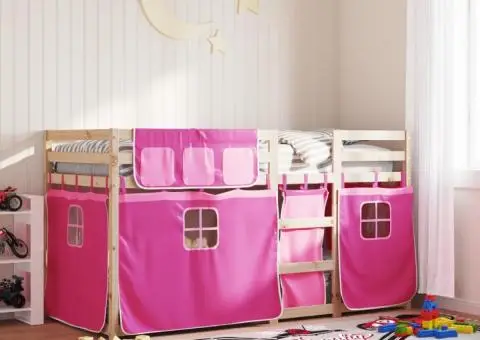 Pat supraetajat cu perdele, roz, 90x190 cm, lemn masiv pin - 1/5