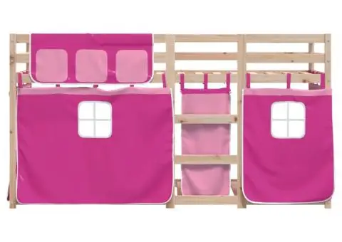Pat supraetajat cu perdele, roz, 90x190 cm, lemn masiv pin - 5/5