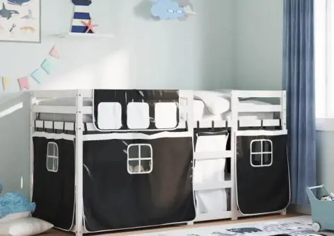 Pat supraetajat de copii perdele, alb/negru, 75x190 cm lemn pin - 1/5