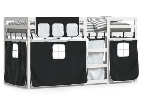 Pat supraetajat de copii perdele, alb/negru, 75x190 cm lemn pin - 2/5