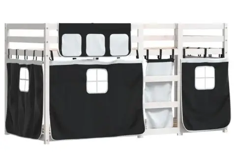 Pat supraetajat de copii perdele, alb/negru, 75x190 cm lemn pin - 3/5