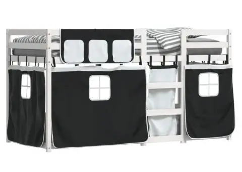 Pat supraetajat de copii perdele, alb/negru, 75x190 cm lemn pin - 4/5