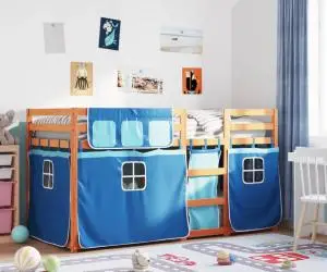 vidaXL Pat supraetajat cu perdele, albastru, 75x190 cm, lemn masiv pin