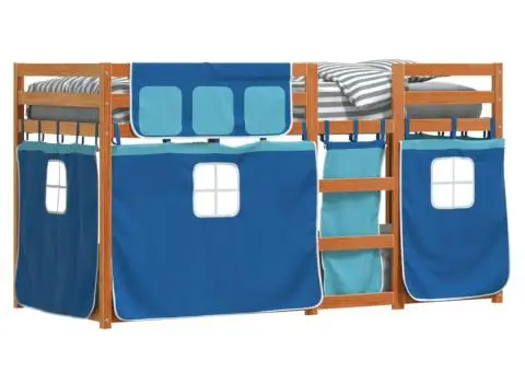 Pat supraetajat cu perdele, albastru, 75x190 cm, lemn masiv pin - 4/5