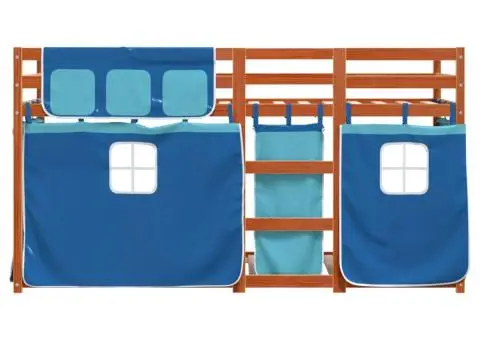 Pat supraetajat cu perdele, albastru, 75x190 cm, lemn masiv pin - 5/5