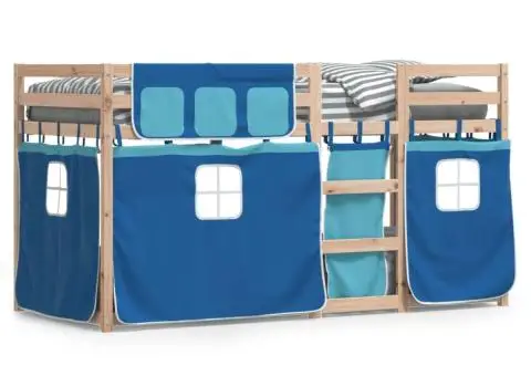 Pat supraetajat cu perdele, albastru, 75x190 cm, lemn masiv pin - 2/5