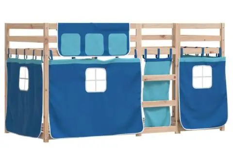 Pat supraetajat cu perdele, albastru, 75x190 cm, lemn masiv pin - 3/5