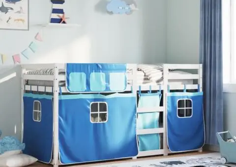 Pat supraetajat cu perdele, albastru, 90x200 cm, lemn masiv pin - 1/5