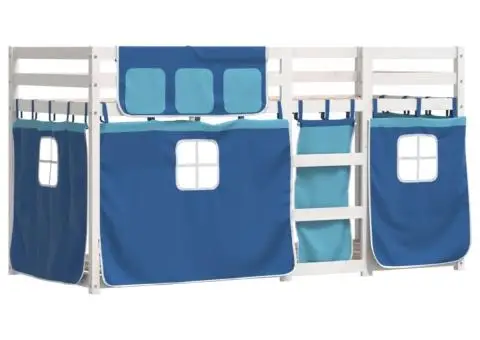 Pat supraetajat cu perdele, albastru, 90x200 cm, lemn masiv pin - 3/5