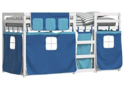 Pat supraetajat cu perdele, albastru, 90x200 cm, lemn masiv pin - 4/5