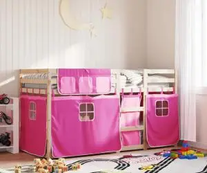vidaXL Pat supraetajat cu perdele, roz, 90x200 cm, lemn masiv pin