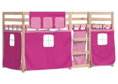 Pat supraetajat cu perdele, roz, 90x200 cm, lemn masiv pin - 2/5