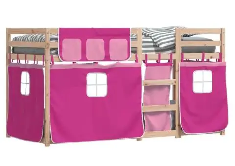 Pat supraetajat cu perdele, roz, 90x200 cm, lemn masiv pin - 3/5