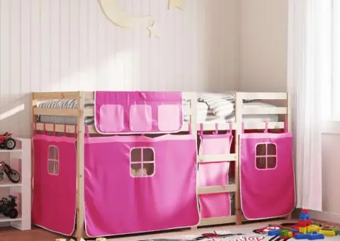 Pat supraetajat cu perdele, roz, 90x200 cm, lemn masiv pin - 1/5